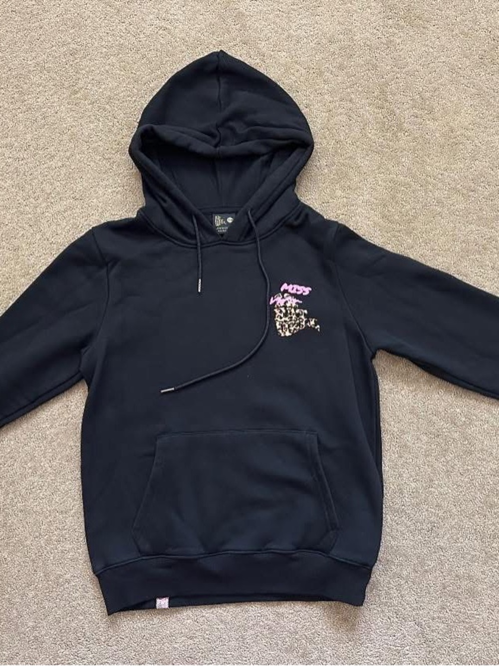 Heather McMahon Black Hoodie with Pink Script and Leopard Graphic